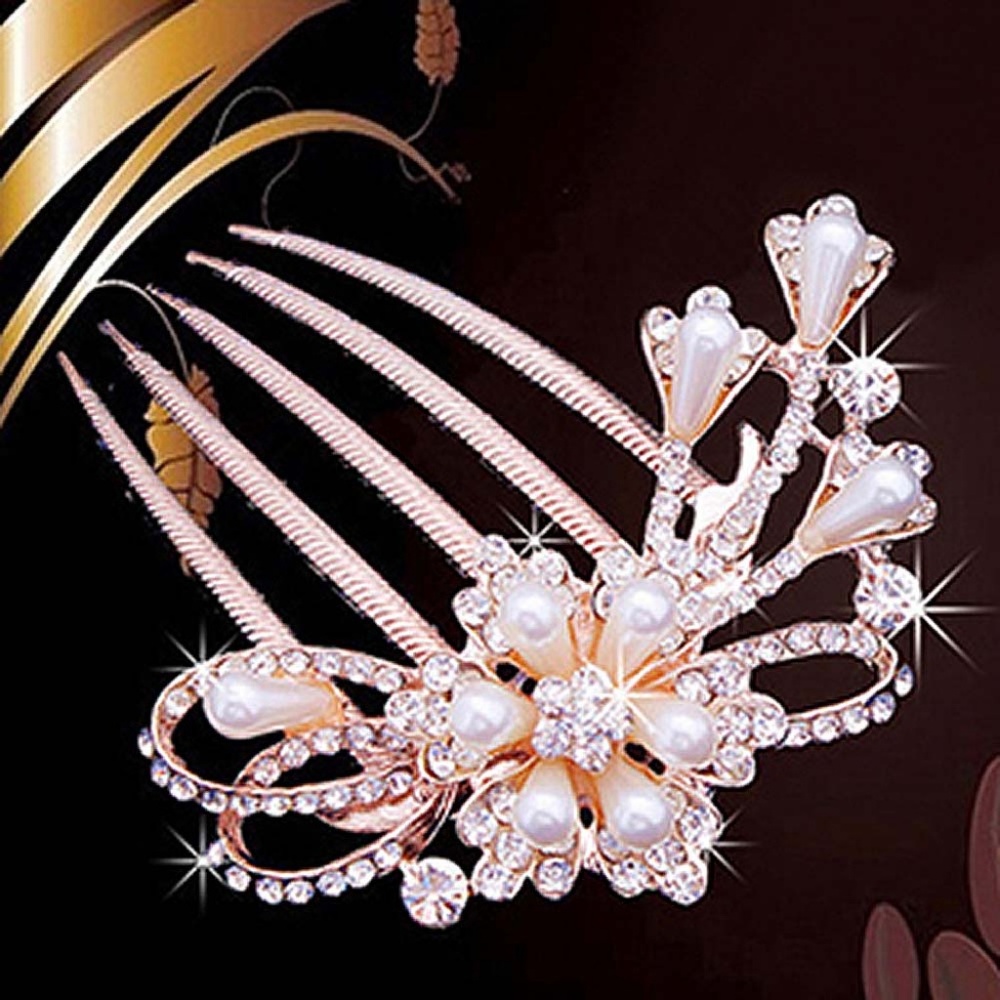 Rose Gold Crystal Pearl Bridal Hair Comb GPHC003 - Picture 2 of 2
